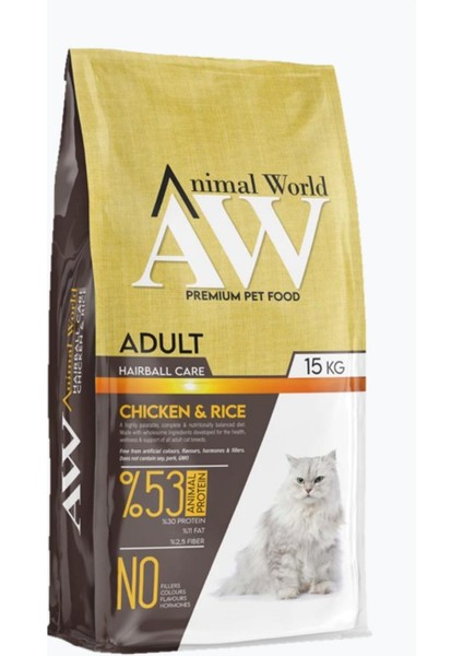 Animal World Hairball Tüy Yumağı Önleyici Tavuklu Kedi Maması 15 kg