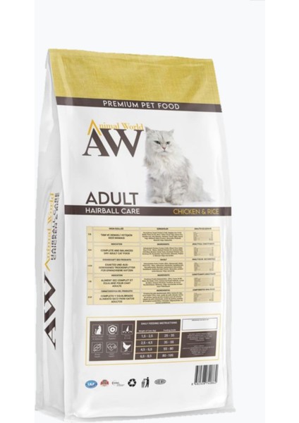 Animal World Hairball Tüy Yumağı Önleyici Tavuklu Kedi Maması 15 kg