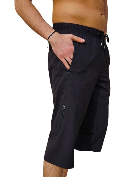 Siyah Su Itici Özellikli Dijital Desenli Düz Renk Erkek Kapri Mayo - 941-SIYAH