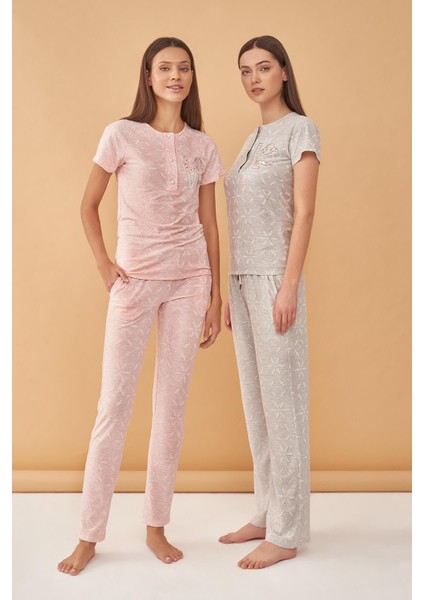 Kadın 4011 Çiçek Jakarlı Patlı Kısa Kol Pijama Takım 21Y