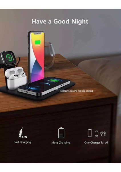 MTK Moveteck iPhone Magsafe Airpods Watch 4in1 Kablosuz Hızlı Şarj Standı Istasyon Çok Fonksiyonlu