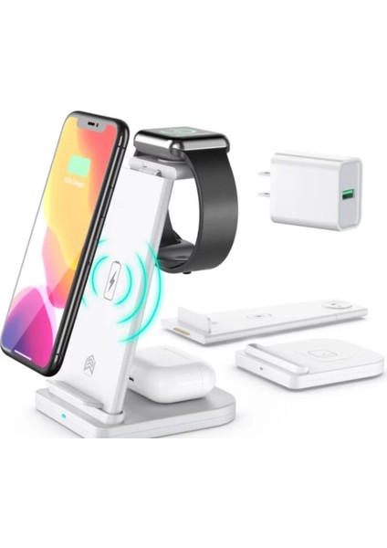 MTK Moveteck iPhone Watch Airpods Magsafe 3in1 Şarj Istasyon Standı Qi Manyetik 15W Kablosuz Ayarlanabilir