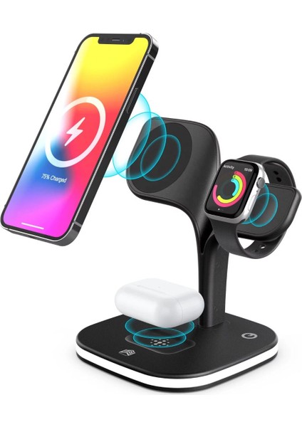 MTK Moveteck iPhone Watch Magsafe Airpods 5in1 Şarj Istasyon Standı Şık Lüx Tasarım Magnetik Charger 15W