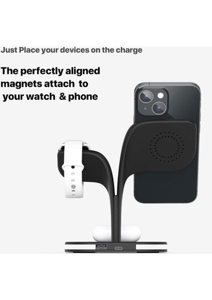 MTK Moveteck iPhone Watch Magsafe Airpods 5in1 Şarj Istasyon Standı Şık Lüx Tasarım Magnetik Charger 15W