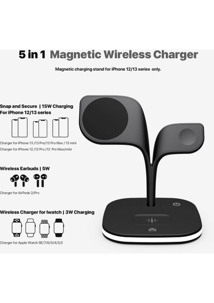 MTK Moveteck iPhone Watch Magsafe Airpods 5in1 Şarj Istasyon Standı Şık Lüx Tasarım Magnetik Charger 15W