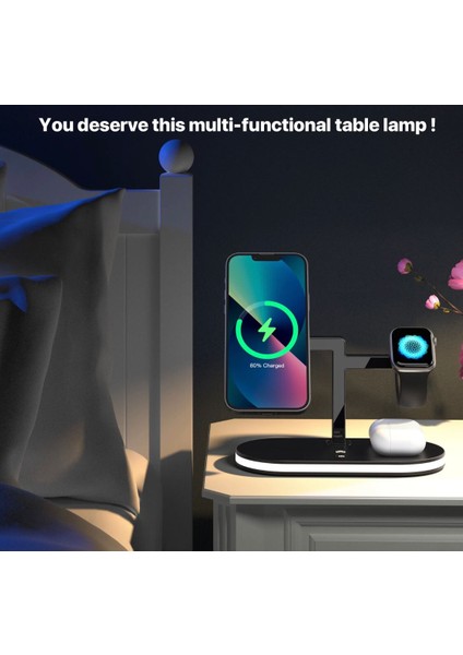 Apple Magsafe Airpods Watch Uyumlu 5in1 Hızlı Şarj Istasyonu 15W + Gece Lambalı Şık Tasarım