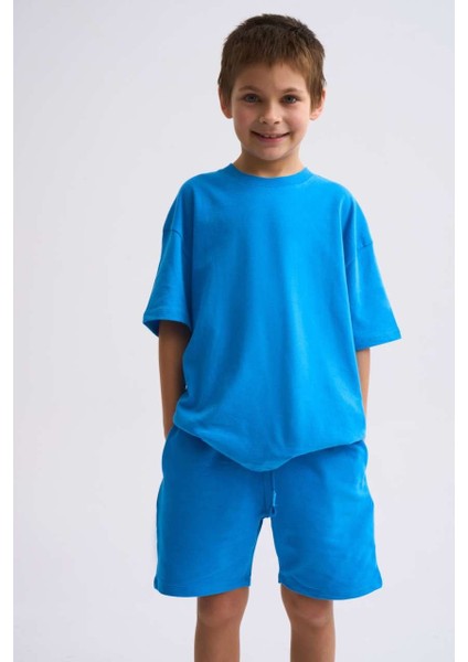 Organik Bağcıklı Erkek Çocuk Bermuda Şort - Mavi - 6-8 modelleri