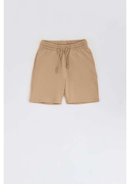 Organik Bağcıklı Erkek Çocuk Bermuda Şort - Bej - 6-8