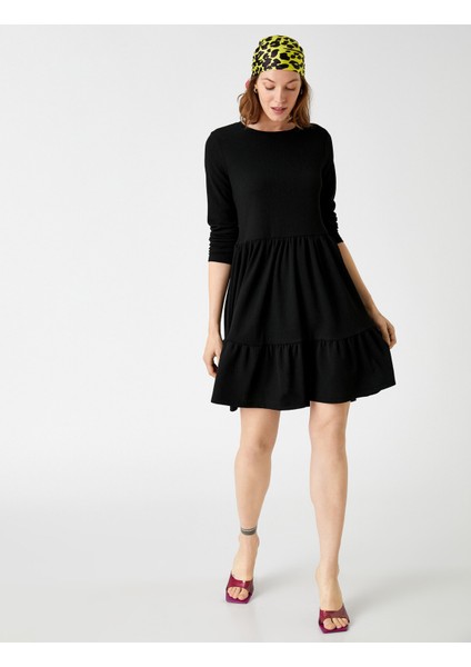 Katlı Mini Elbise Uzun Kollu Bisiklet Yaka