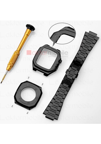 Apple Watch 4 44 mm Uyumlu Luxury Modifikasyon Kiti Hublot Tasarım Paslanmaz Çelik Kasa & Kordon
