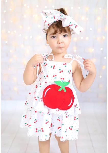 Kız Çocuk Kirazlı Elbise Bandana Çanta Takım