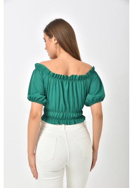 Yeşil Önü Büzgülü Lastik Detaylı Crop Bluz modelleri