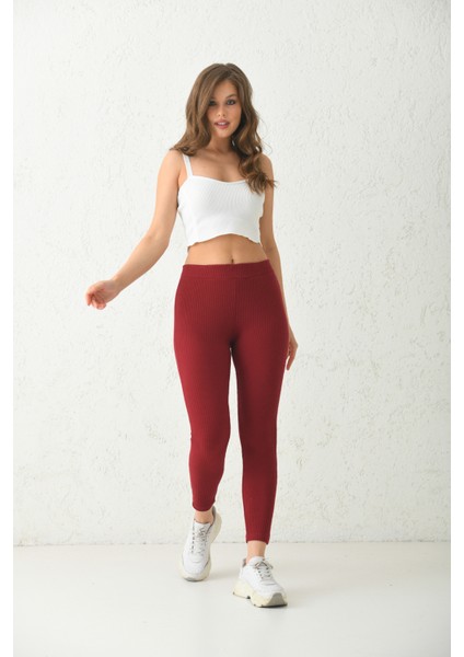 Bordo Beli Lastikli Fitted Örme Tayt
