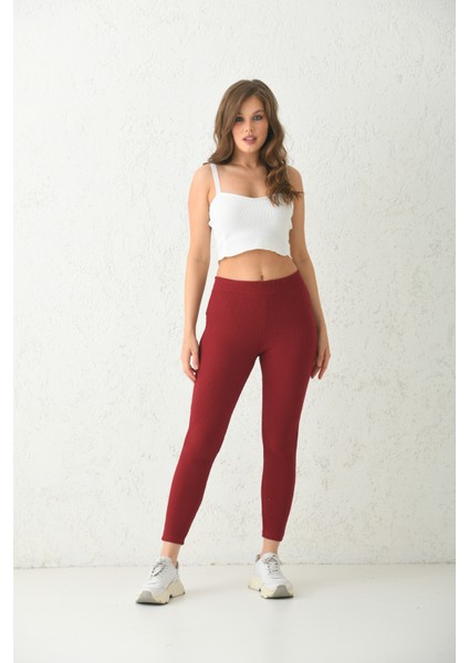 Bordo Beli Lastikli Fitted Örme Tayt