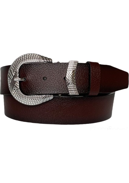 Hakiki Deri, Gümüş Tokalı, Metal Köprülü Bordo Kadın Kot Kemeri 4 cm