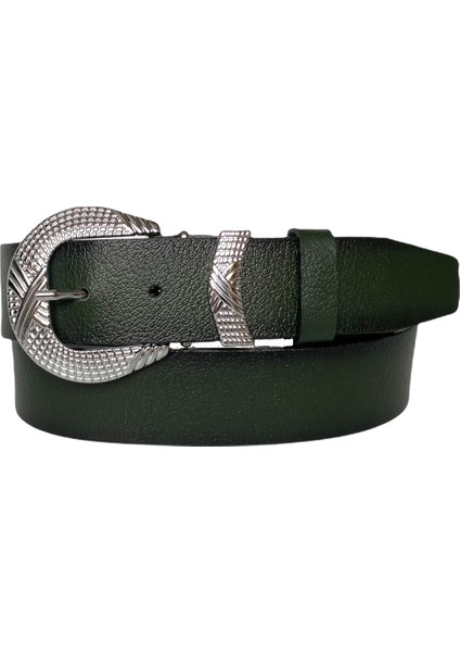 Hakiki Deri, Gümüş Tokalı, Metal Köprülü Yeşil Kadın Kot Kemeri 4 cm