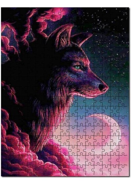 Kızıl Kurt Ay Bulutlar ve Yıldızlar 120 Parça Puzzle Yapboz Mdf (Ahşap)