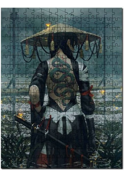 Japon Kıyafetli Dövmeli Kılıçlı Kapka Kadın 120 Parça Puzzle Yapboz Mdf (Ahşap)