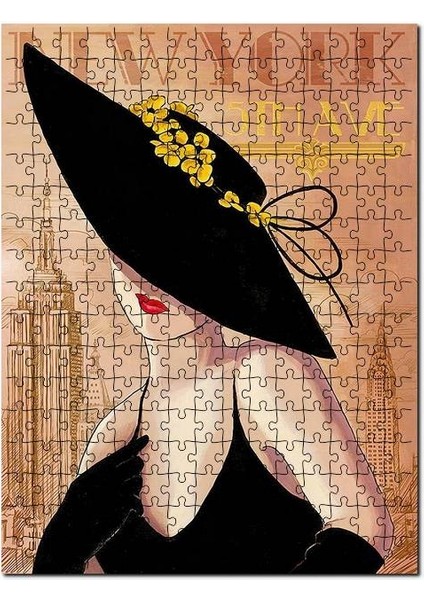 New York Zeminde Sarı Çiçekli Şapkalı Kadın 255 Parça Puzzle Yapboz Mdf (Ahşap)