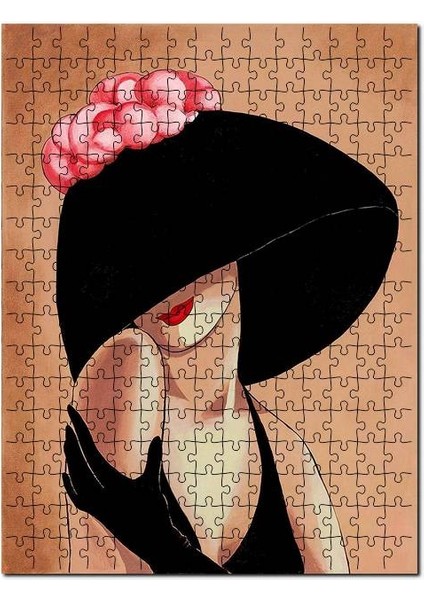 Pembe Çiçekli Şapkalı Kadın Görseli 255 Parça Puzzle Yapboz Mdf (Ahşap)