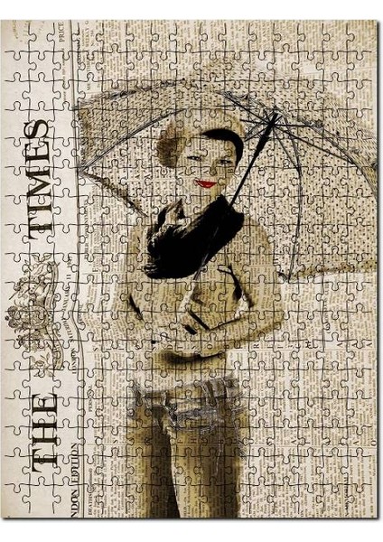 Times Gazete Küpüründe Şemsiyeli Kadın 120 Parça Puzzle Yapboz Mdf (Ahşap)
