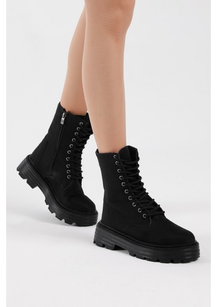 Kadın Siyah Süet Poli Taban Arkası Fermuar Detaylı Rahat Kalıp Bağcıklı Bot fiyatları
