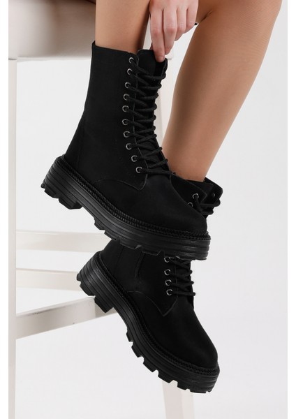 Kadın Siyah Süet Poli Taban Arkası Fermuar Detaylı Rahat Kalıp Bağcıklı Bot modelleri