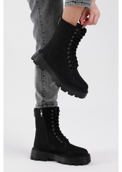 Kadın Siyah Süet Poli Taban Arkası Fermuar Detaylı Rahat Kalıp Bağcıklı Bot indirimleri