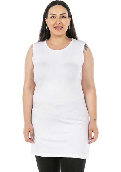 Büyük Beden Yuvarlak Yaka Kalın Askılı Viskon Uzun Beyaz Body