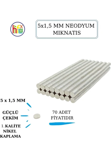 Neodyum Mıknatıs Nikel Kaplama 5mm X1,5 mm  70 Adet