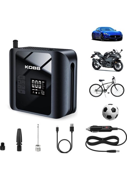 KB420 12VOLT / Şarjlı Li-Ion 150 Psı Taşınabilir Dijital Basınç Göstergeli LED Aydınlatmalı Akıllı Lastik Şişirme Pompası + Sos