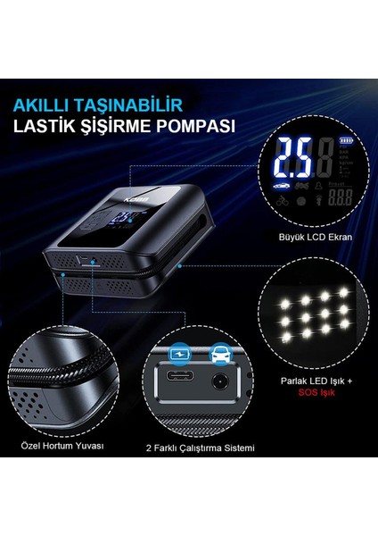 KB420 12VOLT / Şarjlı Li-Ion 150 Psı Taşınabilir Dijital Basınç Göstergeli LED Aydınlatmalı Akıllı Lastik Şişirme Pompası + Sos