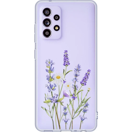 HappyCase Galaxy A52 Uyumlu Lavanta Desenli Premium Şeffaf Silikonlu Telefon Kılıfı