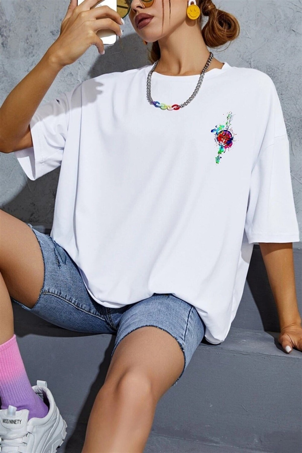 MDS Renkli Ok Baskı Oversize T-Shirt TYC00431996272