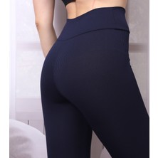 Kadın Lacivert Yüksek Bel Fitilli Dayanıklı Örme Kumaş Toparlayıcı Spor Tayt Slf1396