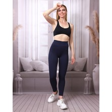 Kadın Lacivert Yüksek Bel Fitilli Dayanıklı Örme Kumaş Toparlayıcı Spor Tayt Slf1396