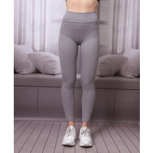 Kadın Gri Yüksek Bel Fitilli Dayanıklı Örme Kumaş Toparlayıcı Spor Tayt Slf1396