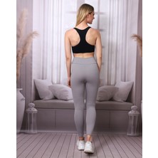 Kadın Gri Yüksek Bel Fitilli Dayanıklı Örme Kumaş Toparlayıcı Spor Tayt Slf1396