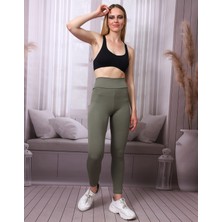 Kadın Haki Yüksek Bel Fitilli Dayanıklı Örme Kumaş Toparlayıcı Spor Tayt Slf1396