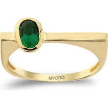 MYOROGOLD 14 Ayar Altın Yeşil Oval Taşlı Yüzük