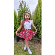 Modavals Dantelli Kolyeli Çiçek Desenli Kız Çocuk Etekli Kombin - Kırmızı