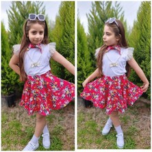 Modavals Dantelli Kolyeli Çiçek Desenli Kız Çocuk Etekli Kombin - Kırmızı
