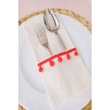 Emtory Home  6 Adet Keten Kırmızı Ponponlu Kaşıklık Servis Sunum