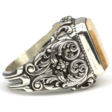 Nusret Takı 925 Ayar Gümüş Dikdörtgen Mamut Kemiği Taşlı Erkek Yüzüğü