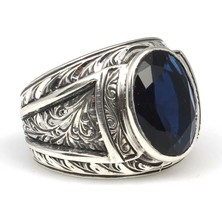 Nusret Takı 925 Ayar Gümüş Oval Safir Taşlı Kalemli Erkek Yüzüğü