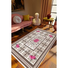 10 Post Online Figürlü Çiçekli Pembe Ekru Kahverengi Kaydırmaz Kesme Yıkanabilir Ince Halı