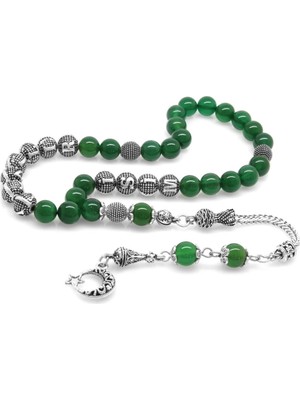 Tesbihane Kararmaz Metal Püsküllü Küre Kesim Isim Yazılı Yeşil Akik Doğaltaş Tesbih