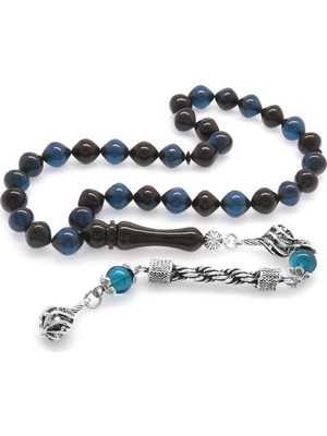 Tesbihane Kararmaz Metal Halat Püsküllü Istanbul Kesim Mavi-Siyah Sıkma Kehribar Tesbih