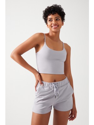 Los Ojos Kadın Gri Cepli Beli Lastikli Basic Fit Spor Şort Shorts