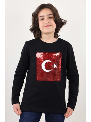 Toontoy Unisex Çocuk Atatürk Bayraklı Çift Taraflı Pullu Tişört